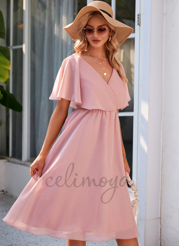 Robes mi-longues en mousseline de soie élégantes à col en V - 272831