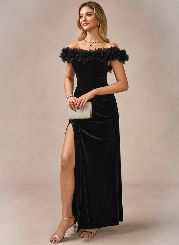 Flower Off the Shoulder Sleeveless Sheath/Column Velvet Maxi Dress