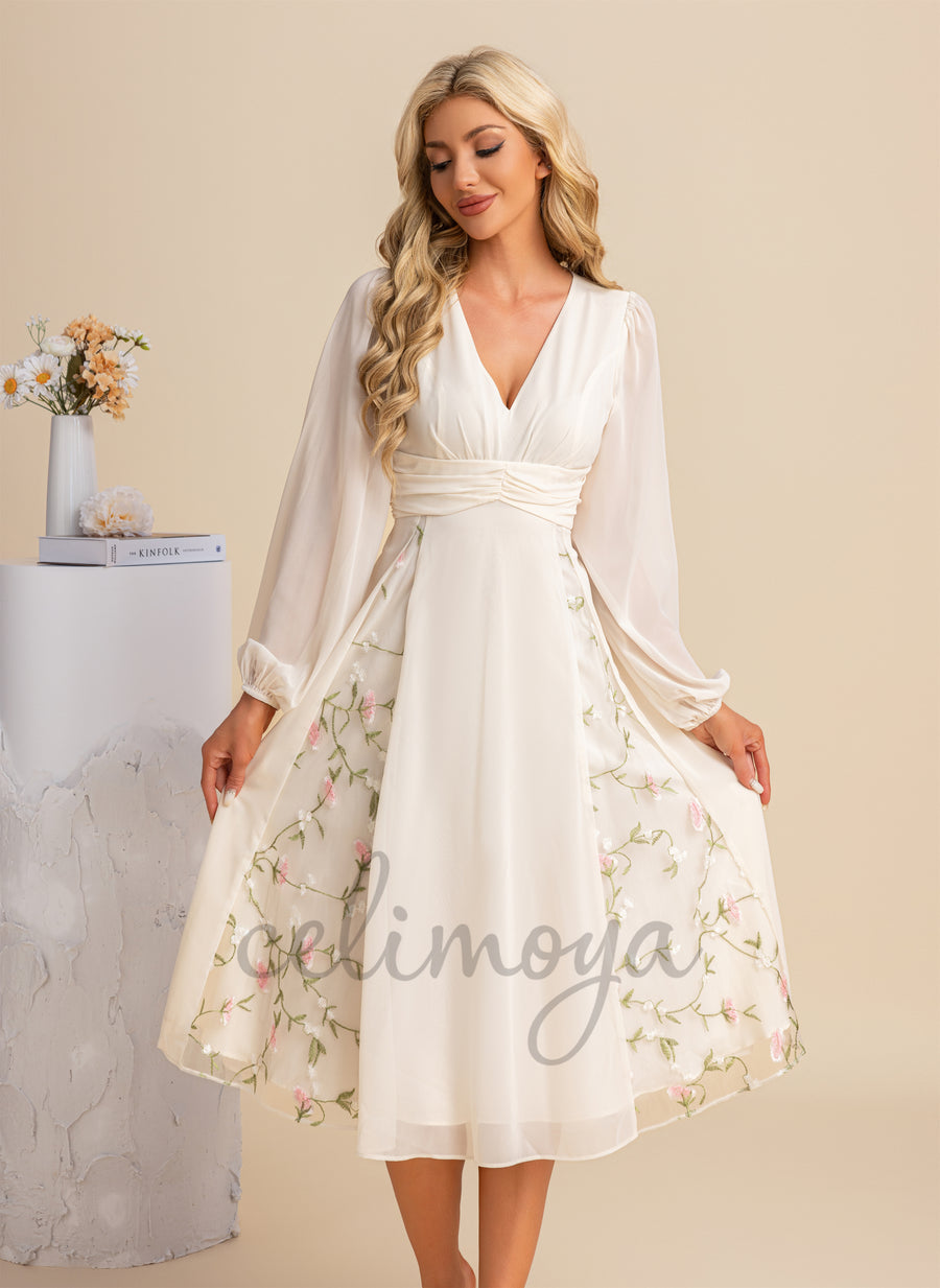 Embroidered V-Neck Elegant A-line Chiffon Midi Dresses - 295091