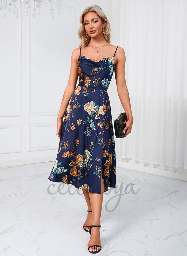 Robes en satin trapèze élégantes à imprimé floral - 296602
