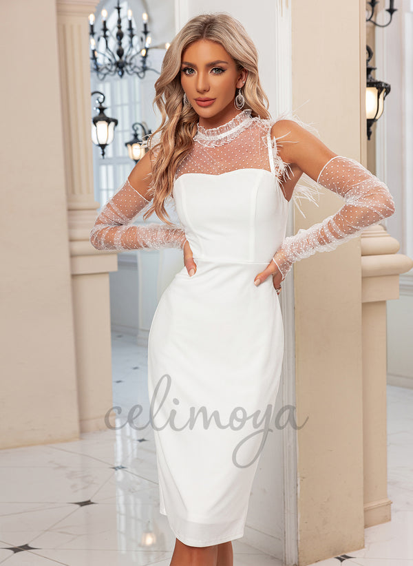 Faux Feather High Neck Elegant Sheath/Column Polyester Midi Dresses - 297044