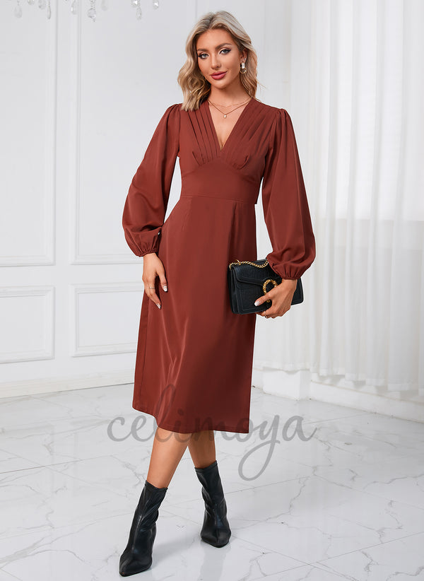 Robes mi-longues en satin avec nœud à volants et col en V - 298093