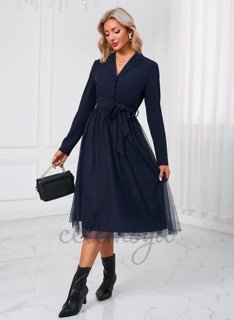 Robes mi-longues en polyester à volants et col en V - 298676