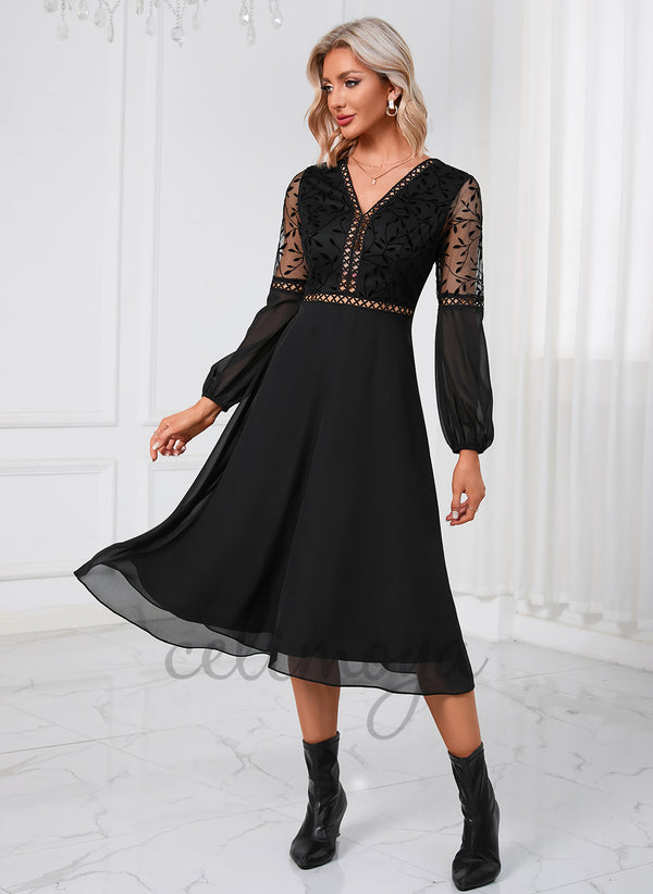 Robes mi-longues en mousseline de soie élégantes à col en V - 298680