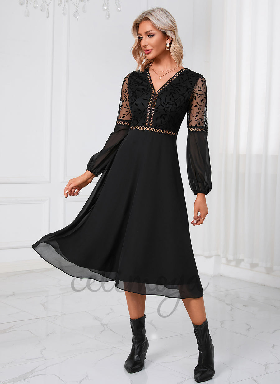 Robes mi-longues en mousseline de soie élégantes à col en V - 298680