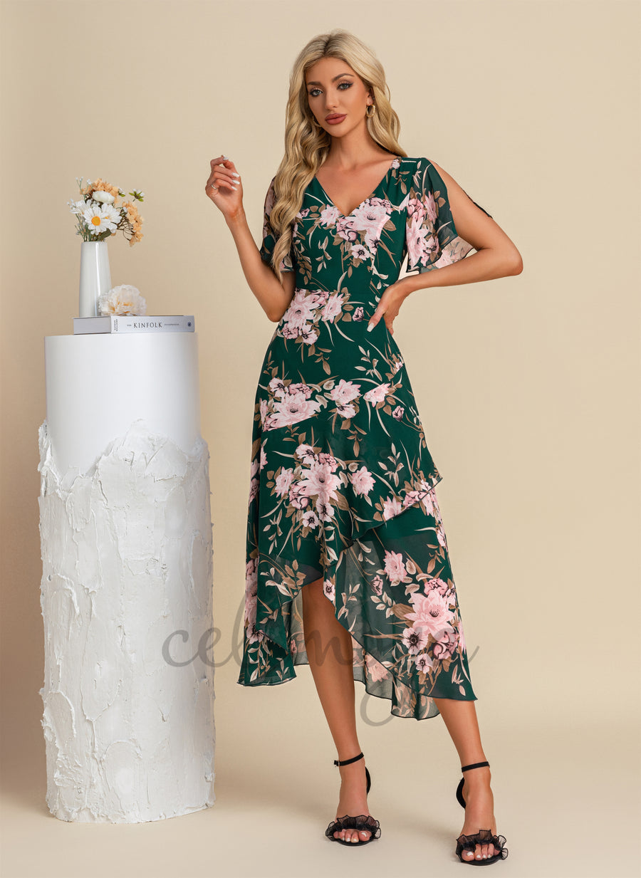 Robes mi-longues asymétriques en mousseline de soie, imprimé floral, volants, col en V, vacances - 300962