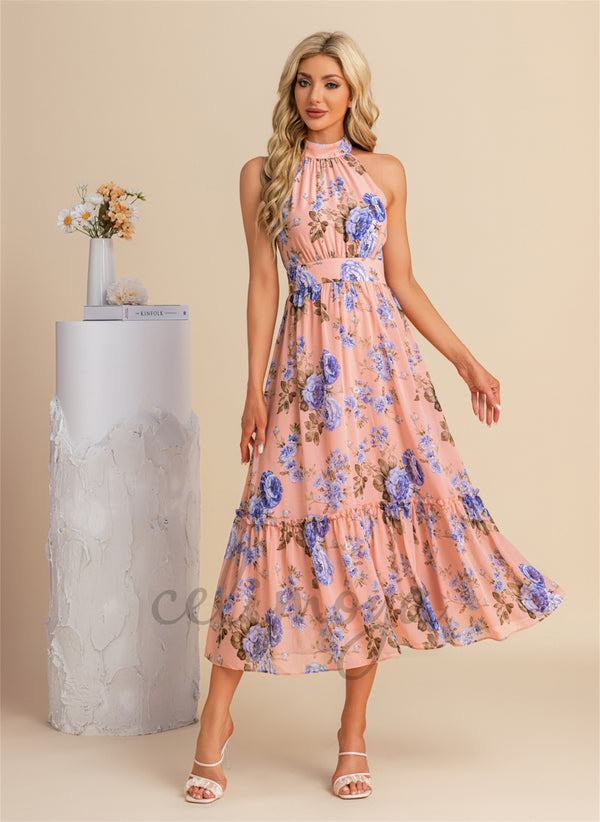 Robes mi-longues en mousseline de soie à volants et imprimé floral - 301469