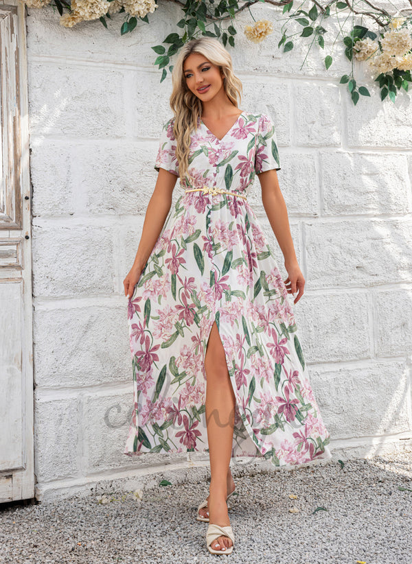Robes longues en rayonne à imprimé floral et col en V - 302016