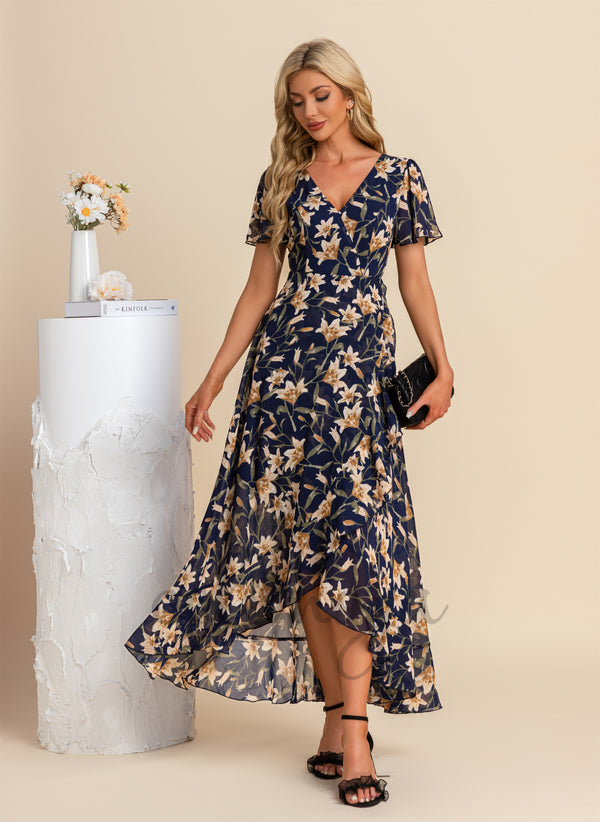 Robes longues asymétriques en mousseline de soie à volants et imprimé floral, col en V, vacances - 302017