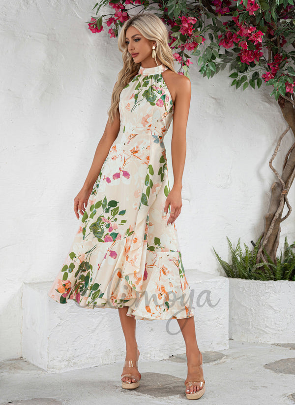 Robes mi-longues asymétriques en satin à volants, imprimé floral, col haut, vacances - 302024