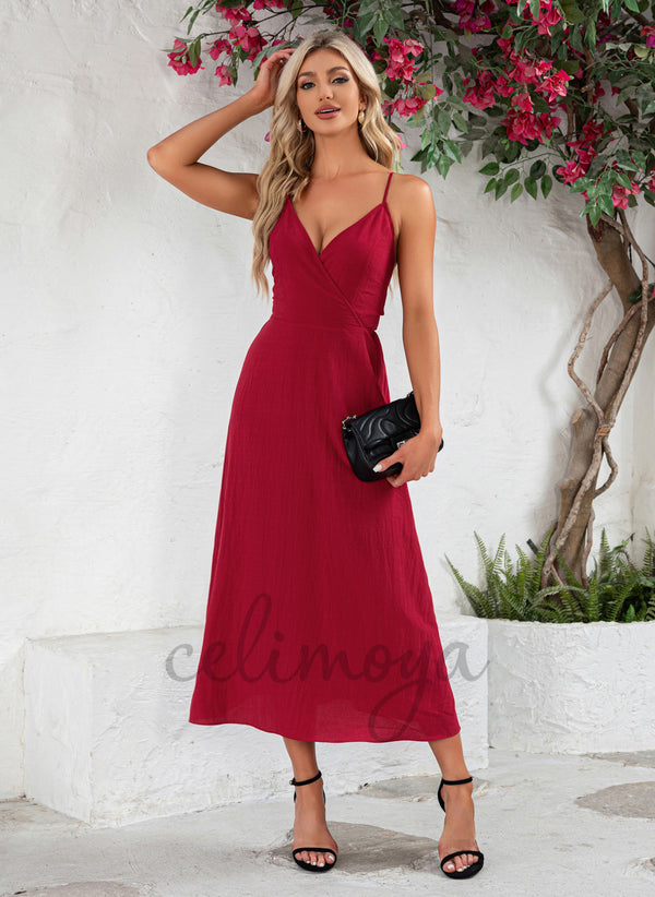 Bow V-Neck Vacation A-line Polyester Midi Dresses - 302123