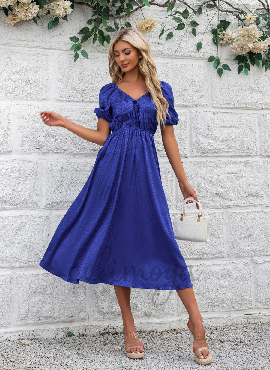 Robes mi-longues en satin jacquard à col en V pour les vacances - 302126
