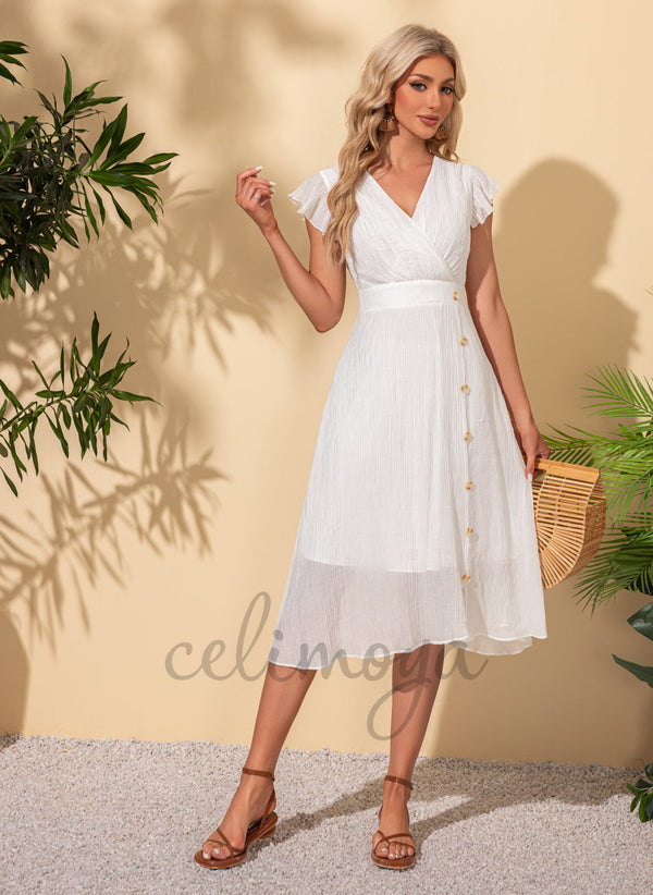Robes mi-longues en polyester à volants et col en V pour les vacances - 302283