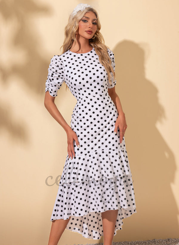 Volants Col rond Élégant Trompette/Sirène Polyester Asymétrique Robes midi - 302285