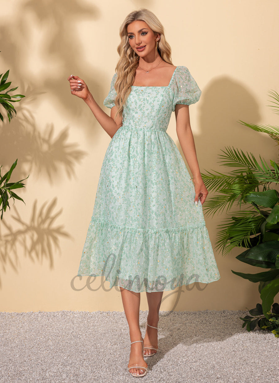 Robes mi-longues en mousseline de soie trapèze élégantes carrées - 302286