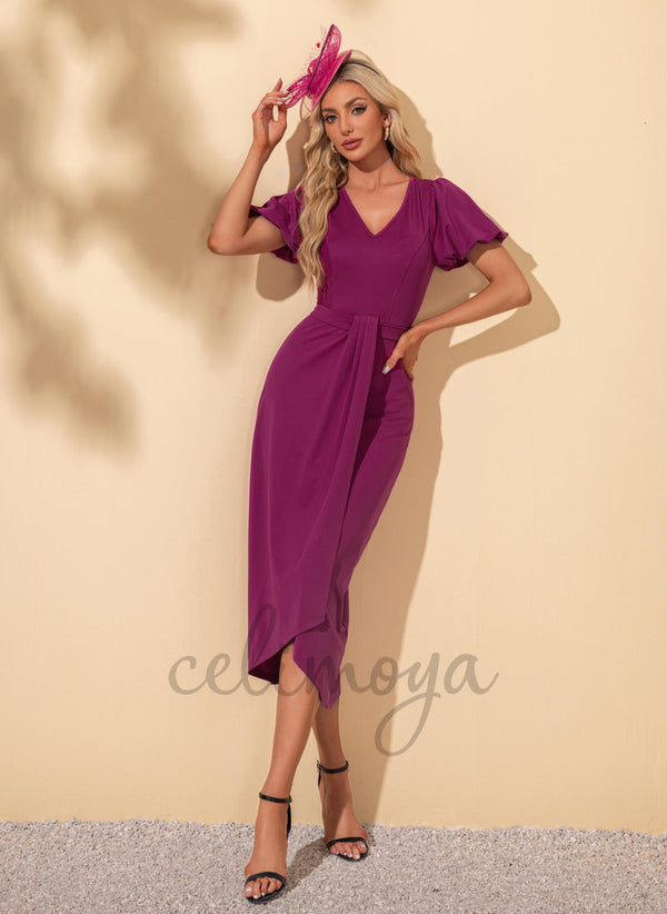 Volants en cascade Col en V Élégant Fourreau/colonne Polyester Asymétrique Robes midi - 302288