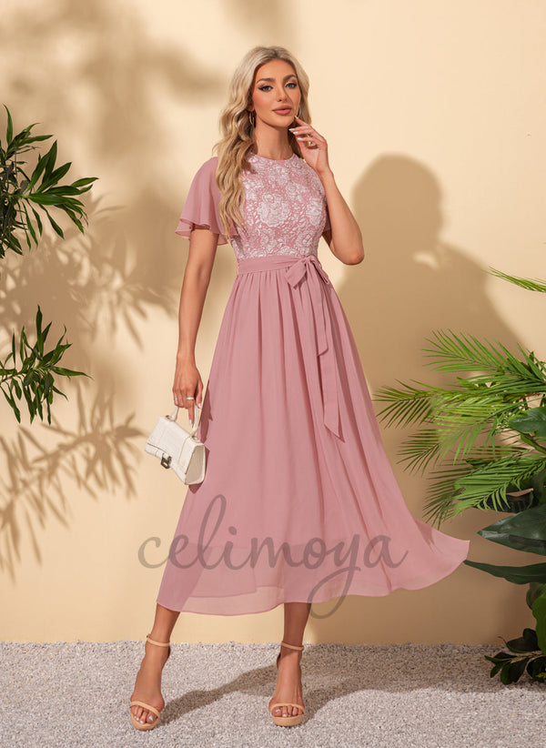 Robes mi-longues élégantes en mousseline de soie jacquard trapèze - 302540