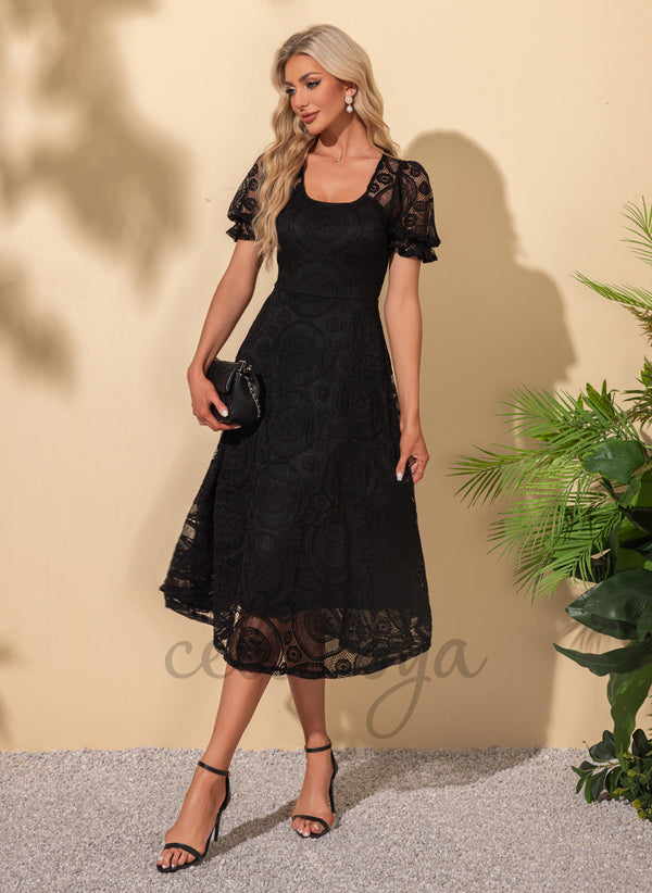 Jacquard Carré Vacances A-ligne Dentelle Robes Midi - 302543