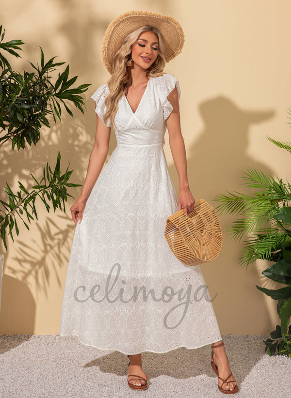 Robes longues en coton à volants et col en V pour les vacances - 302610