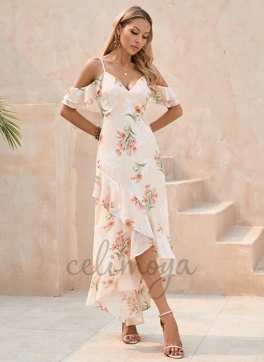 Robes longues asymétriques en mousseline de soie à col en V - 303376