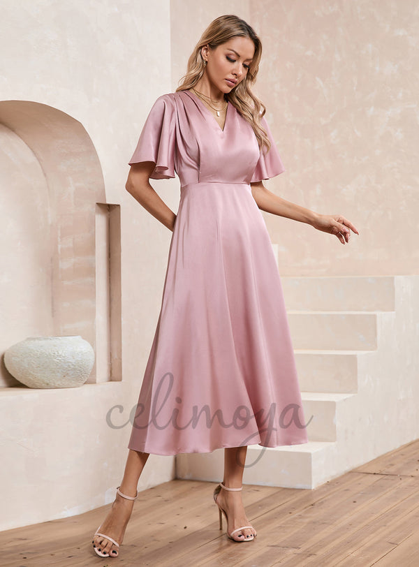 Robes mi-longues en satin à col en V - 303392