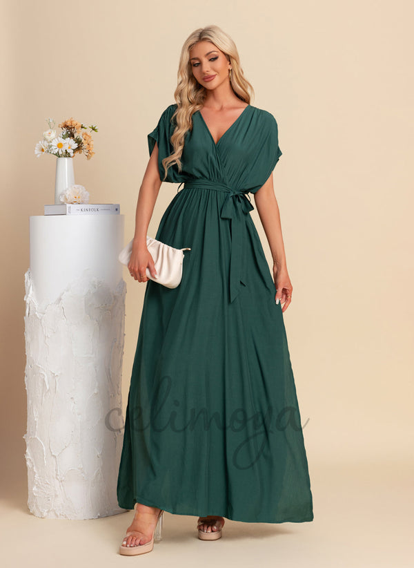 Robes longues en rayonne trapèze à col en V - 303715