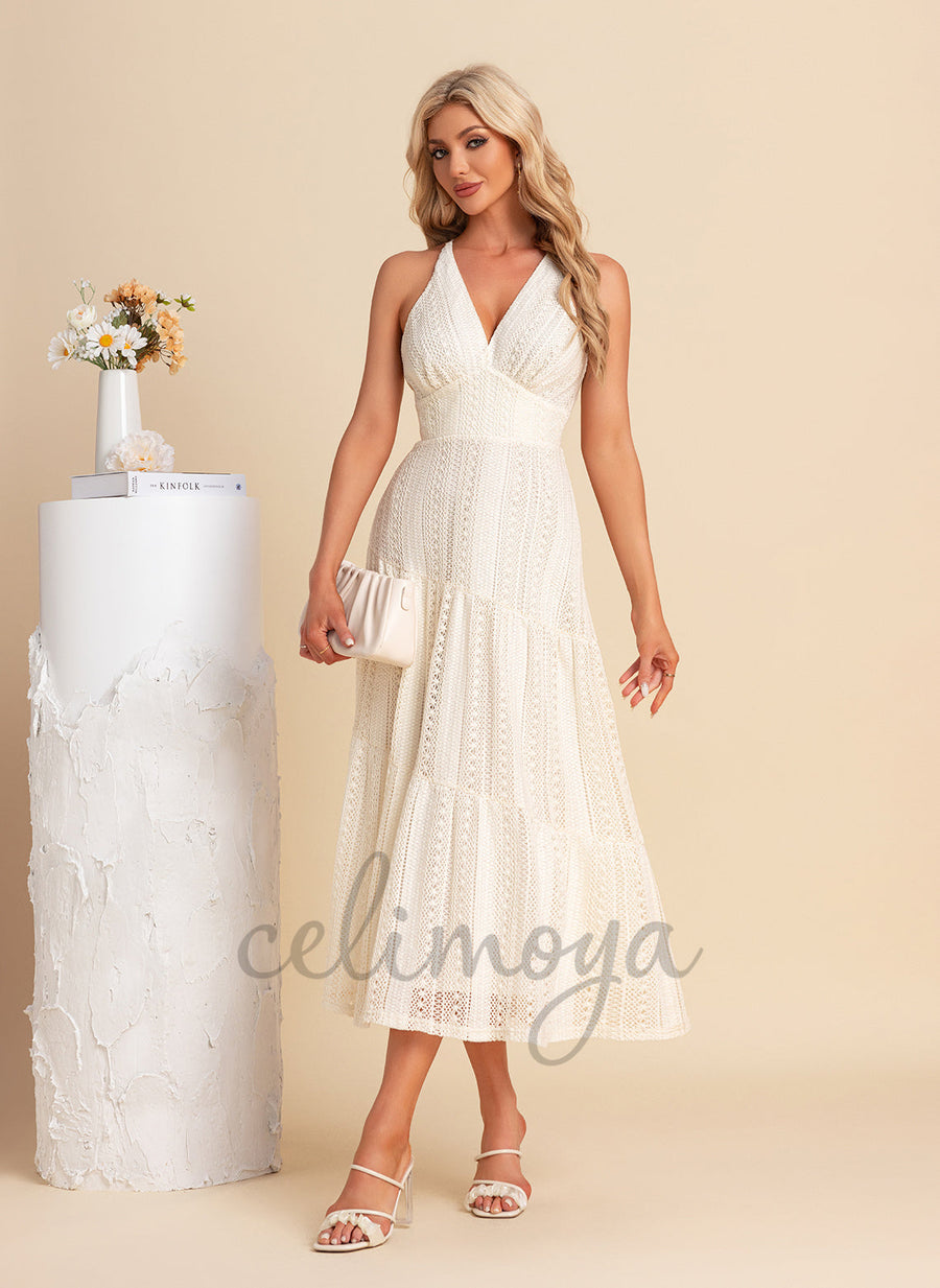 Robes mi-longues en dentelle à col en V - 303716