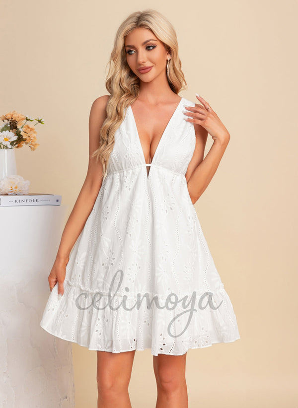 Robes courtes en coton trapèze à col en V - 303717