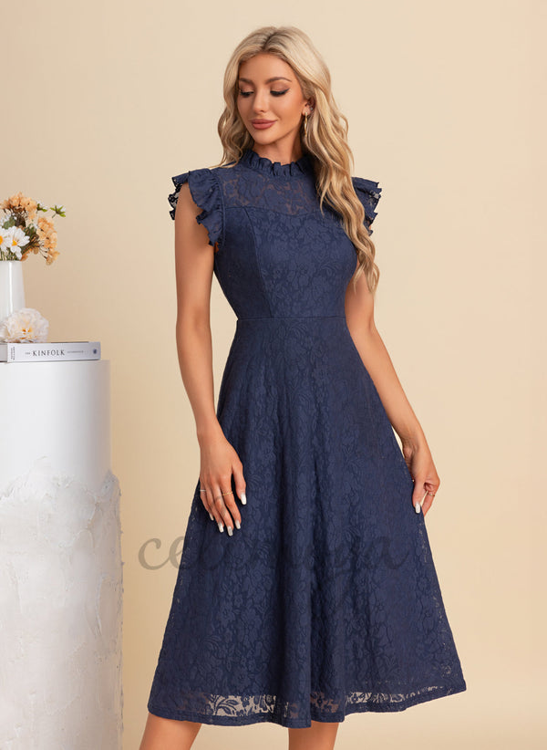 Robes midi en dentelle trapèze à col haut - 303741