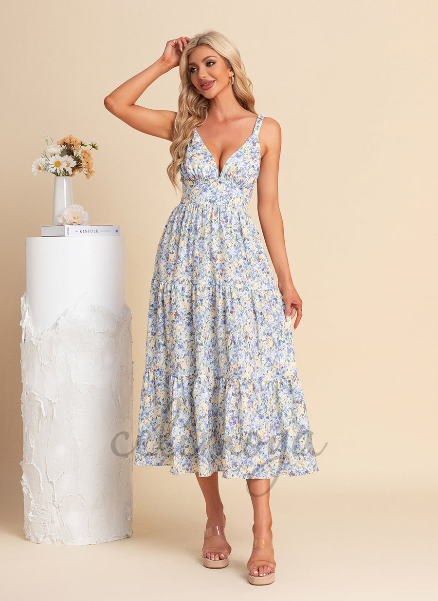 Robes mi-longues en polyester à col en V - 303743