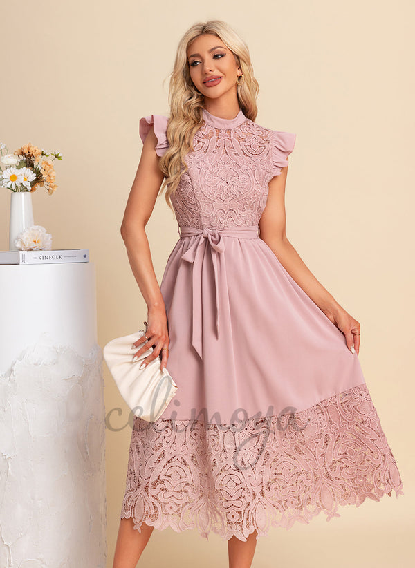 High Neck A-line Lace Polyester Midi Dresses - 304036