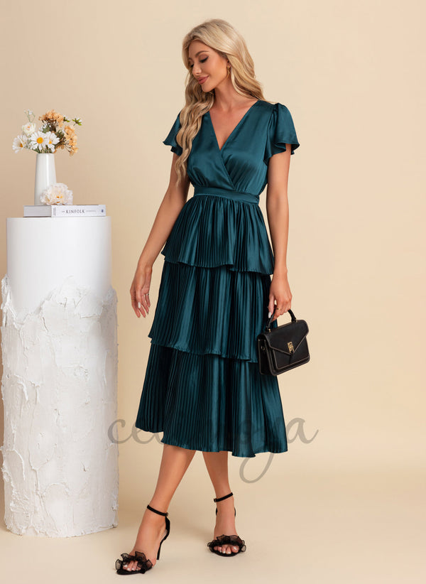 V-Neck A-line Satin Midi Dresses - 304038