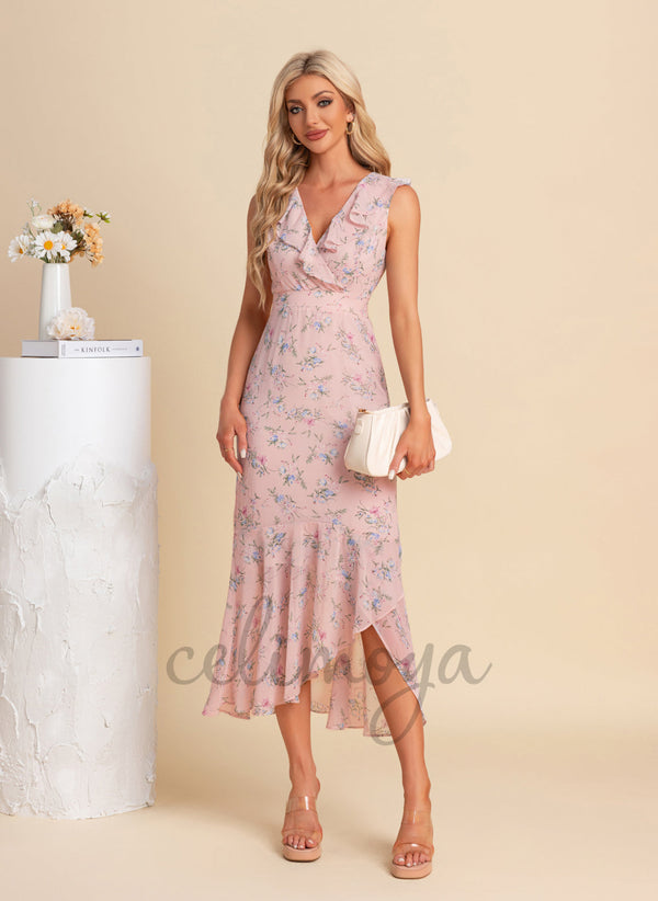 V-Neck Trumpet/Mermaid Chiffon Midi Dresses - 304041