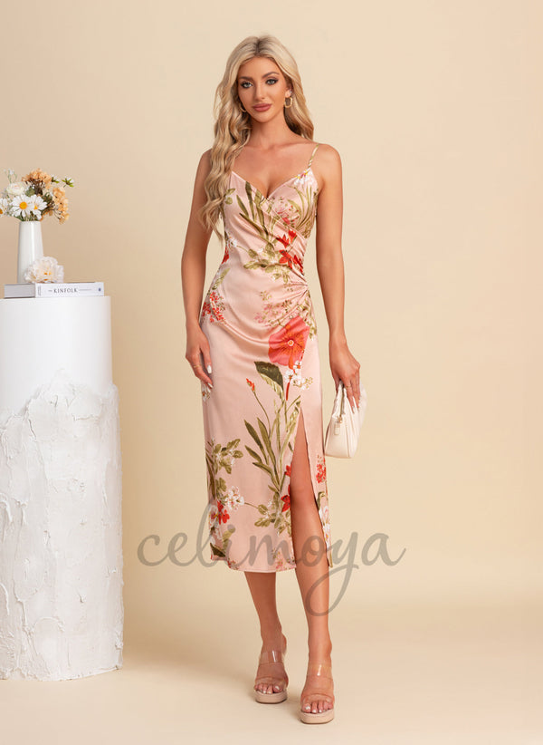 V-Neck Sheath/Column Satin Midi Dresses - 304043