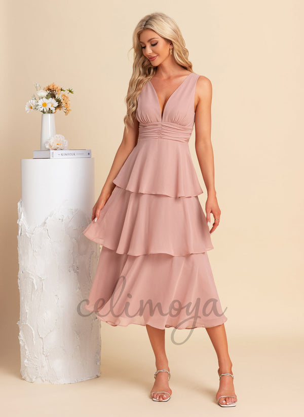 V-Neck A-line Chiffon Midi Dresses - 304046