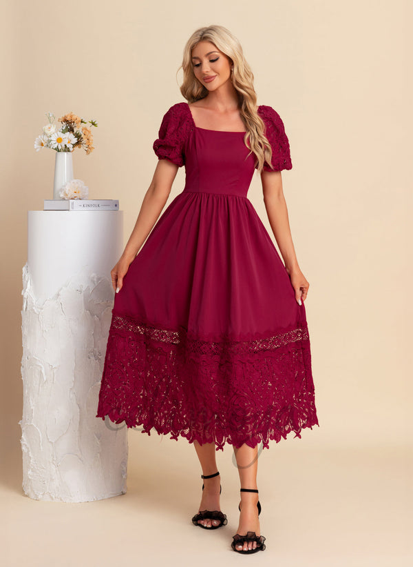 Square A-line Lace Polyester Midi Dresses - 304047