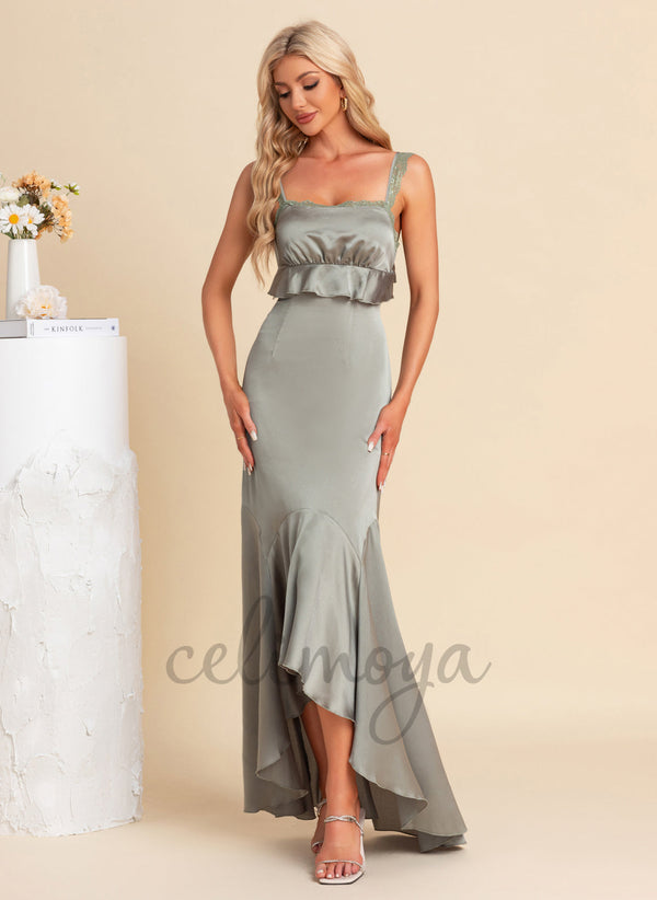 Square Trumpet/Mermaid Satin Asymmetrical Maxi Dresses - 304053
