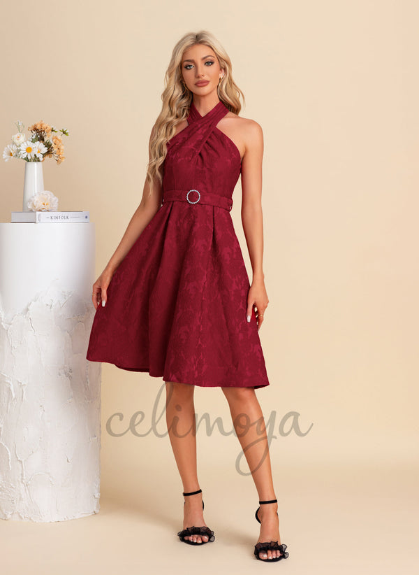 Halter A-line Jacquard Midi Dresses - 304054