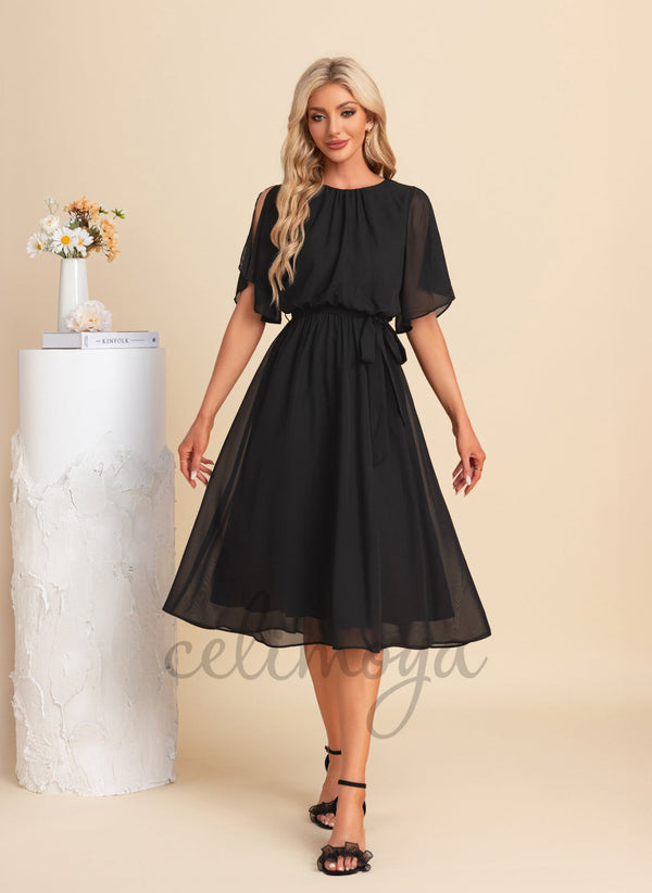 Scoop A-line Chiffon Midi Dresses - 304055