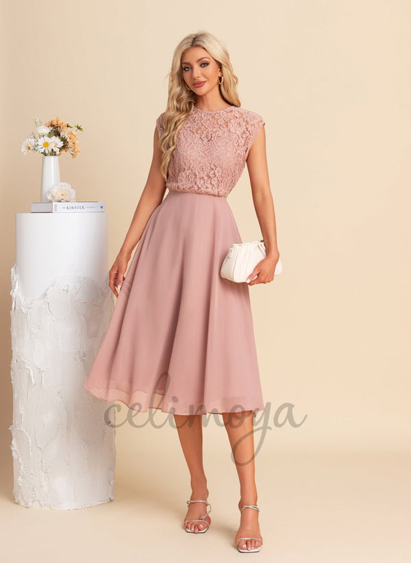 Illusion A-line Chiffon Lace Midi Dresses - 304056
