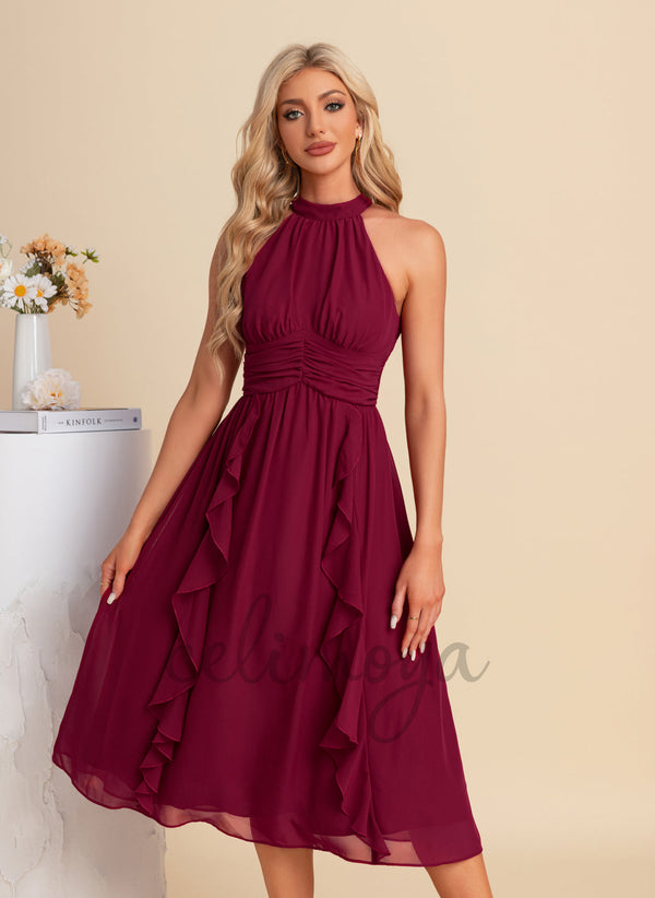Halter A-line Chiffon Midi Dresses - 304057