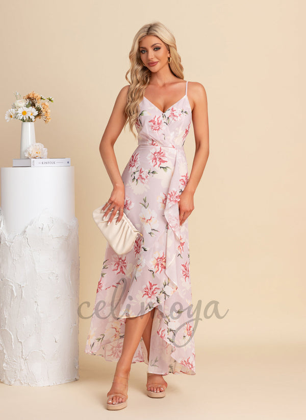 V-Neck A-line Chiffon Asymmetrical Maxi Dresses - 304062