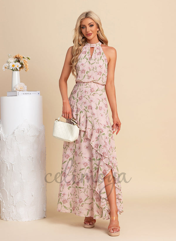 Halter A-line Chiffon Asymmetrical Maxi Dresses - 304064