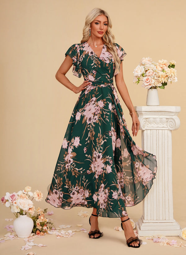 Floral Print V-Neck A-line Chiffon Maxi Dress - 312123