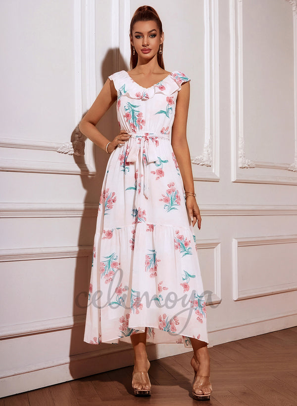 Ruffle Floral Print V-Neck A-line Chiffon Asymmetrical Maxi Dress - 312681