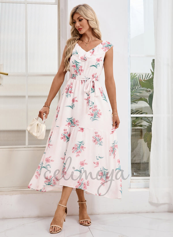 Ruffle Floral Print V-Neck A-line Chiffon Asymmetrical Maxi Dress