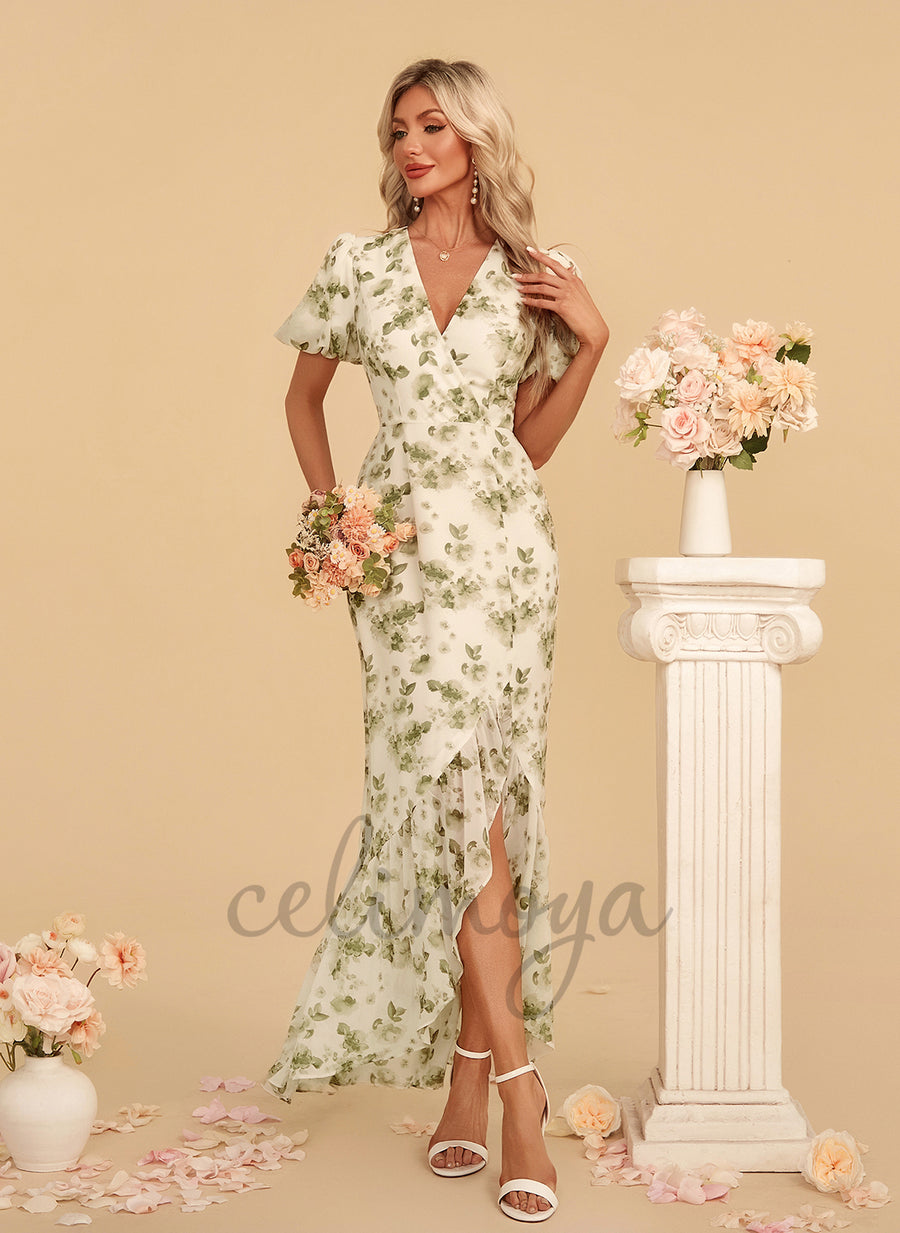 Ruffle Floral Print V-Neck Trumpet/Mermaid Chiffon Asymmetrical Maxi Dress - 312687