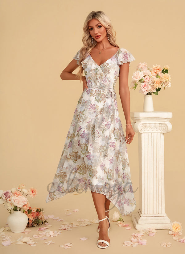 Ruffle Floral Print V-Neck A-line Chiffon Asymmetrical Midi Dress - 312688