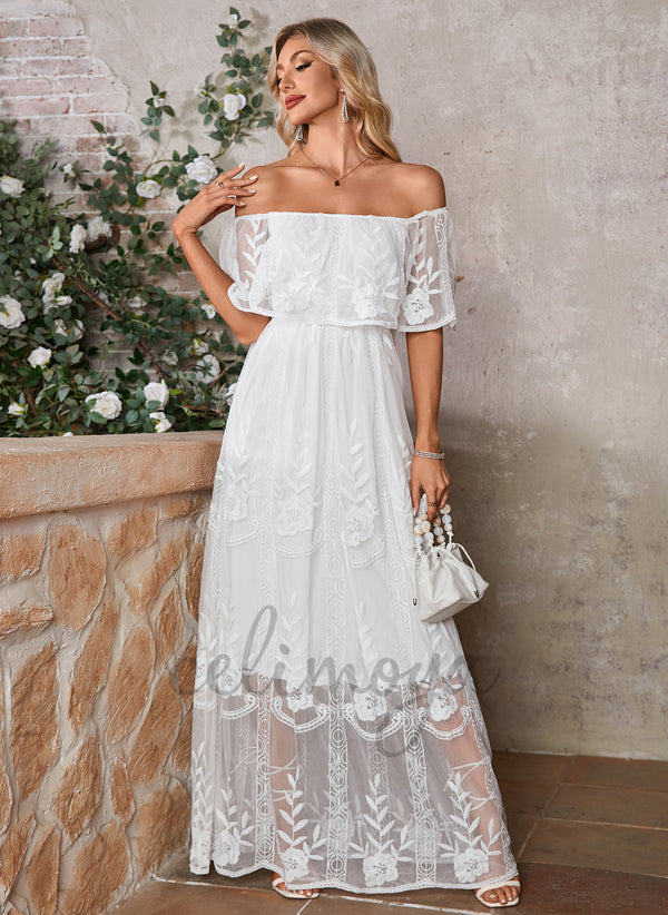 Off the Shoulder A-line Lace Maxi Dress - 416582