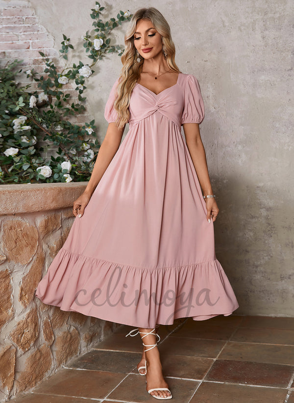 Ruffle V-Neck A-line Cotton Blends Midi Dress - 416739